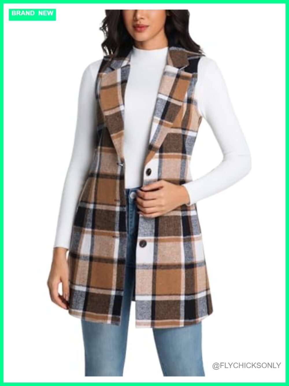 Long Wool Plaid Vest Sleeveless Blazer Jacket Trench Coat Fall Winter